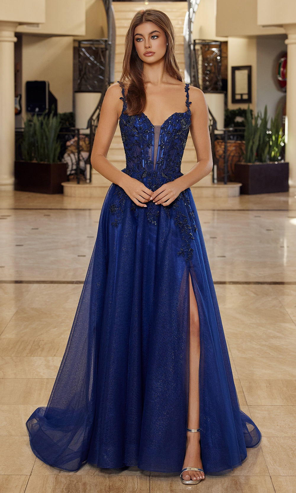 Nox Anabel R1824 V-Neck Applique A-Line Long Evening Gown