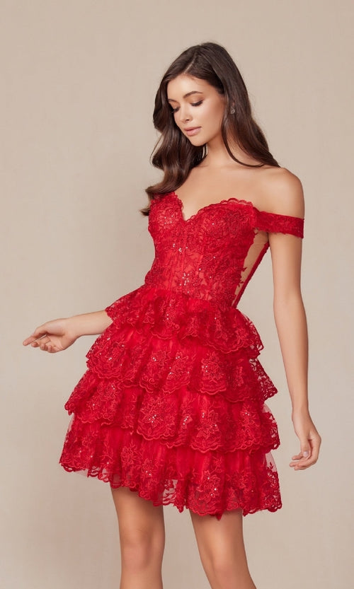 Nox Anabel R877 Flirty Short Ruffled Lace Hoco Dress
