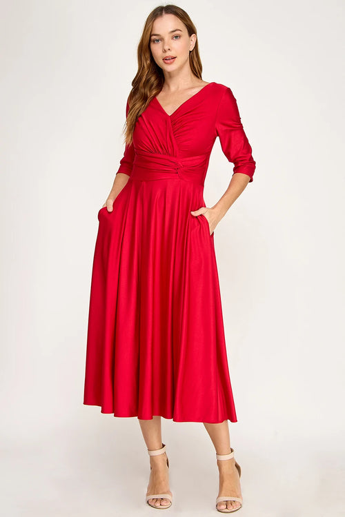 3/4-Sleeve Satin Twist-Front Midi Mother of the Bride Dress V-Neck Evening Dress by Perrty 3127