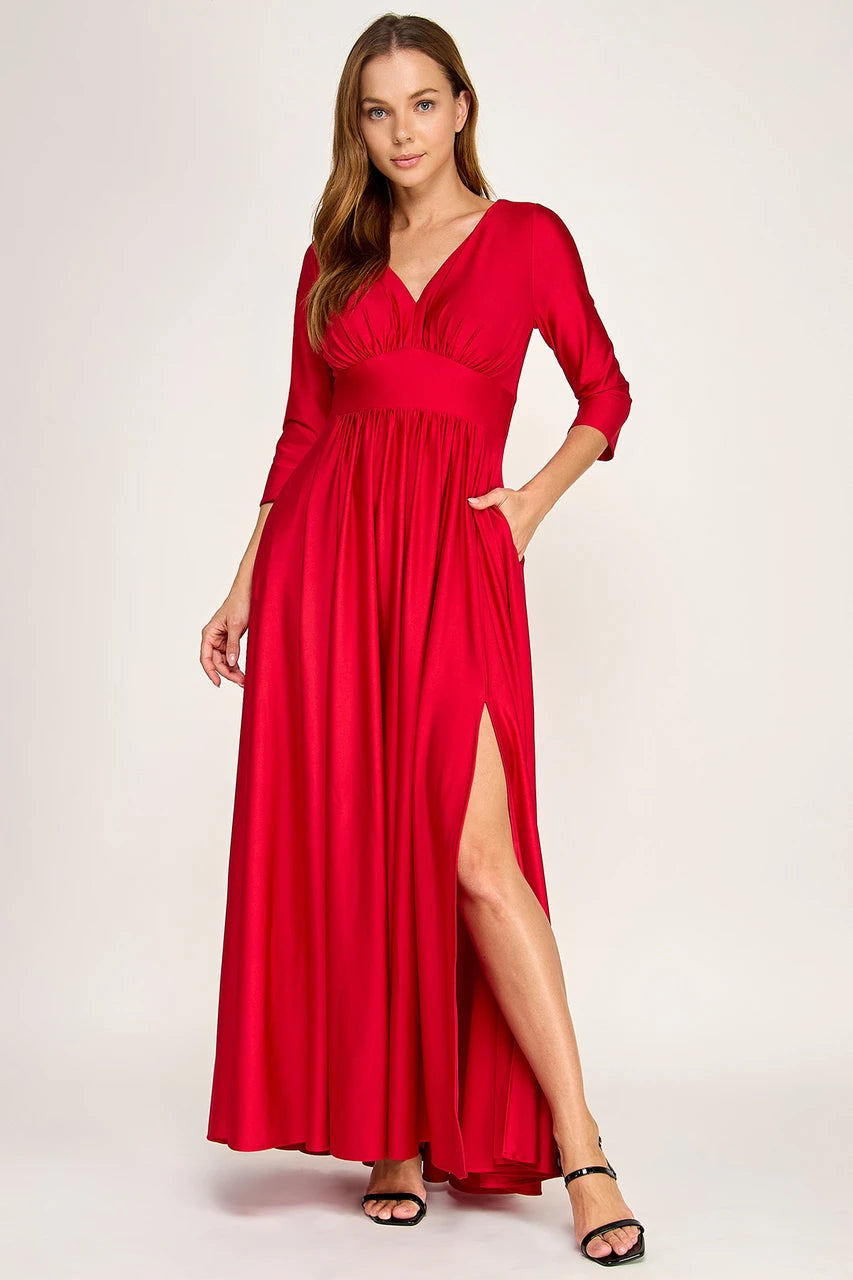 Ruched Bodice V-Neck 3/4 Sleeve A-Line Full-Length Mother of the Bride Dress by Perrty 3132
