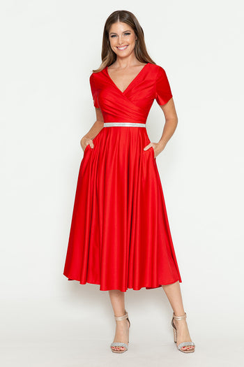 Lenovia 5274 V-Neck Short Sleeve Midi Cocktail Dress with Rhinestone Waist Formal & Wedding Guest Attire