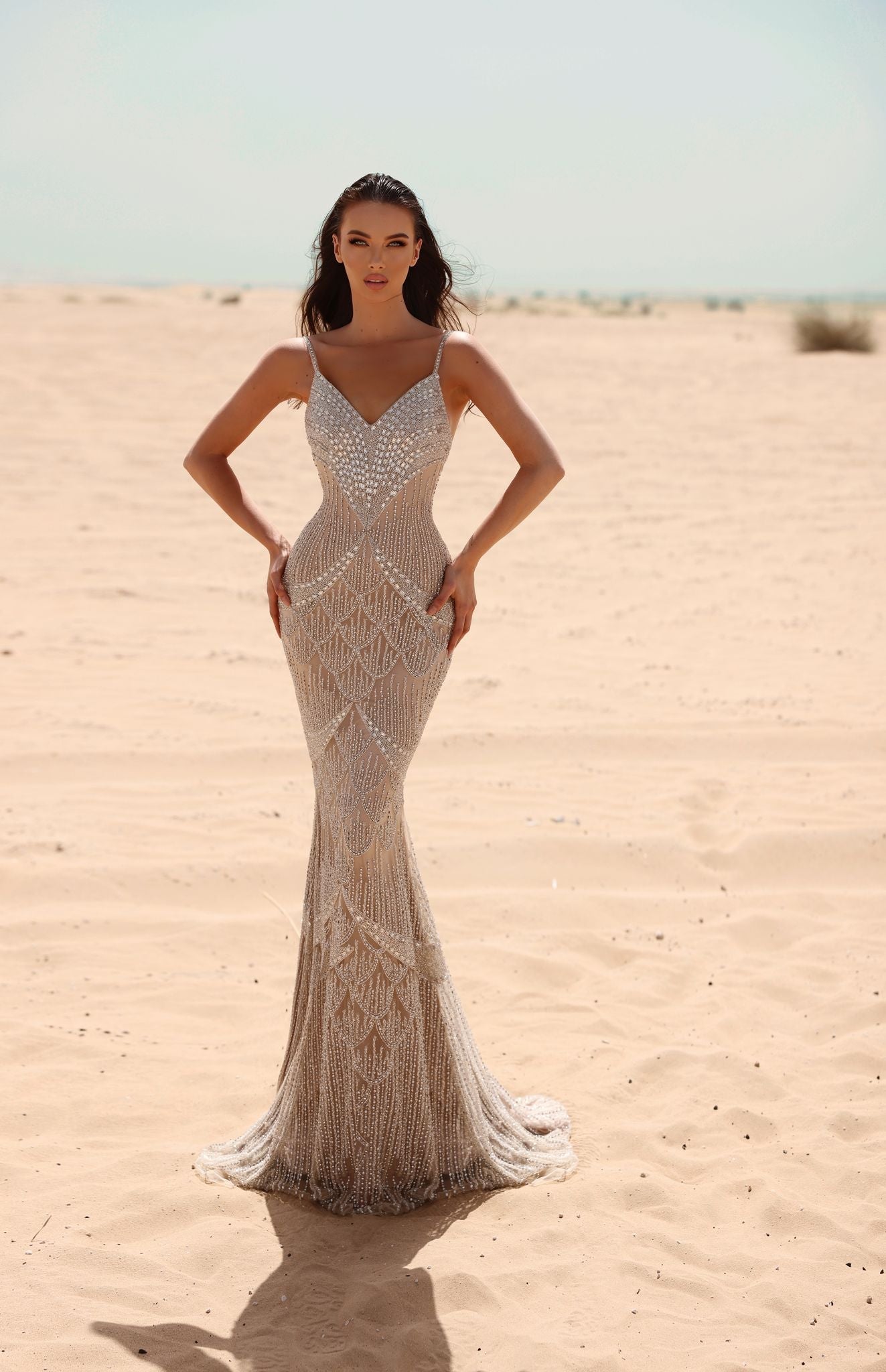 V-Neck Beaded Prom Gown