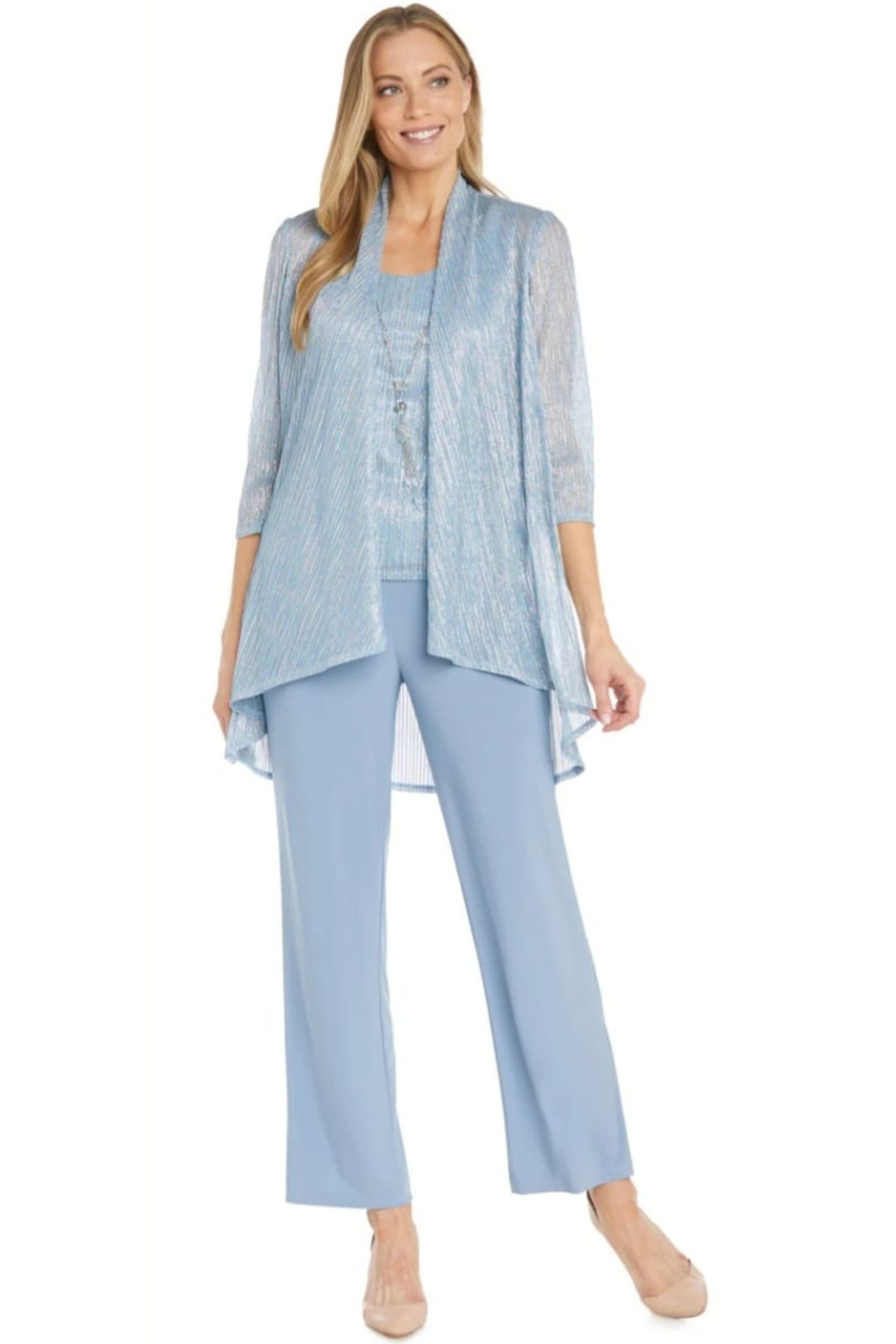 Metallic 3-Piece Evening Pant Suit with 3/4 Sleeve, Scoop Neck, and Beaded Detail by R&M Richards 1642
