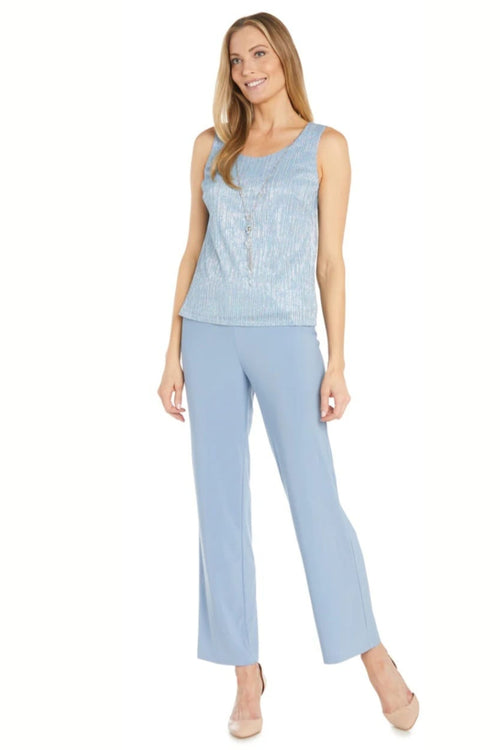 Metallic 3-Piece Evening Pant Suit with 3/4 Sleeve, Scoop Neck, and Beaded Detail by R&M Richards 1642