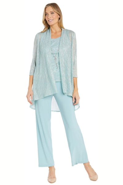 Metallic 3-Piece Evening Pant Suit with 3/4 Sleeve, Scoop Neck, and Beaded Detail by R&M Richards 1642