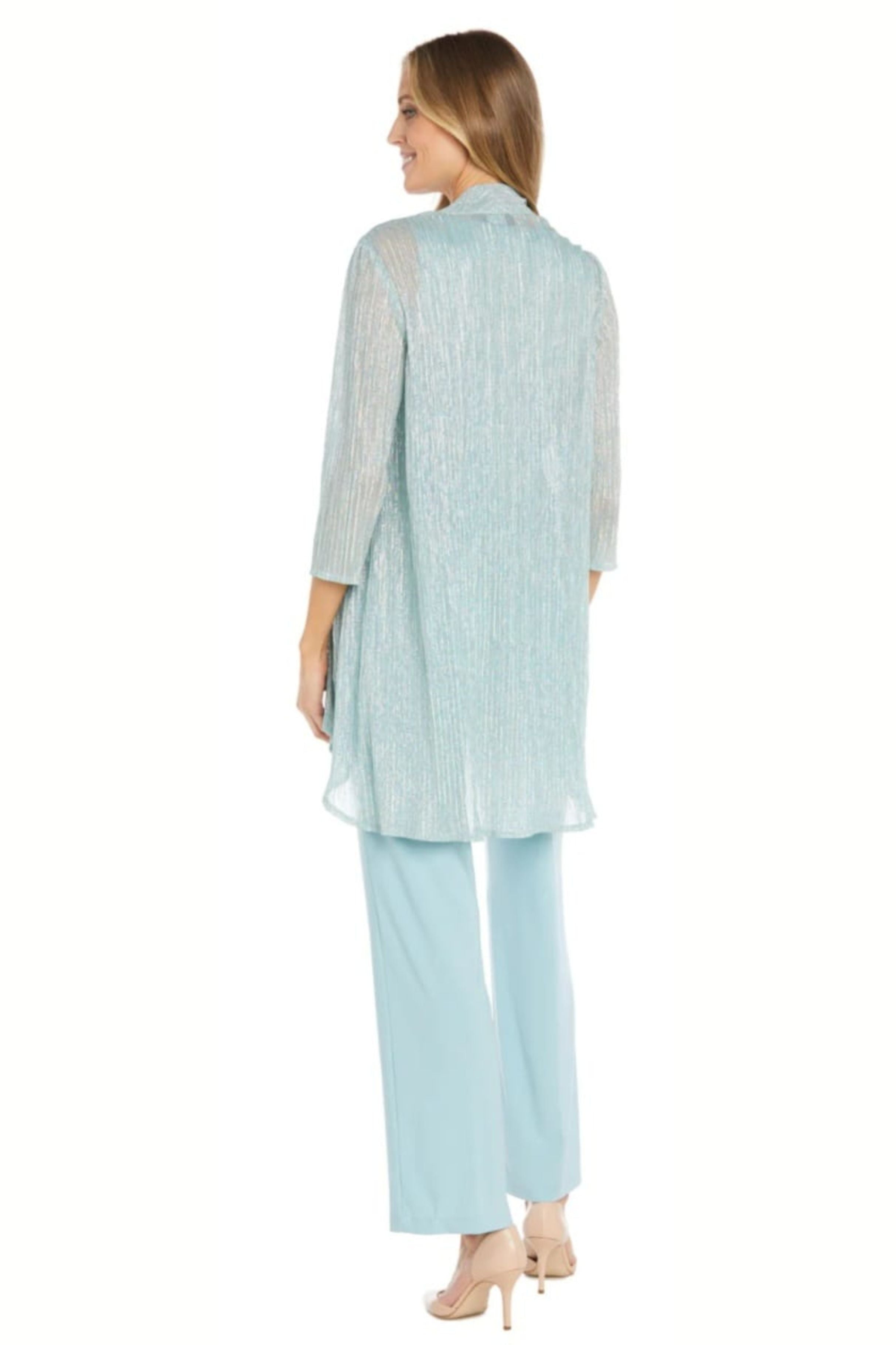 Metallic 3-Piece Evening Pant Suit with 3/4 Sleeve, Scoop Neck, and Beaded Detail by R&M Richards 1642