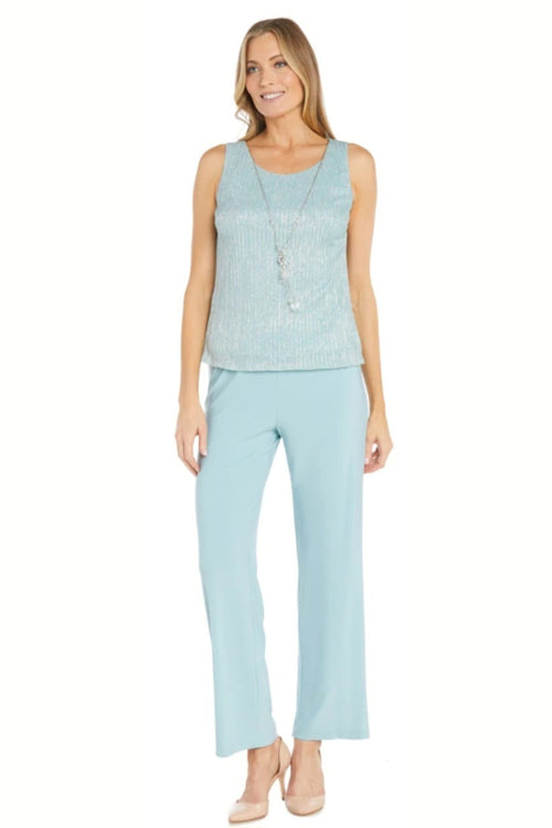 Metallic 3-Piece Evening Pant Suit with 3/4 Sleeve, Scoop Neck, and Beaded Detail by R&M Richards 1642