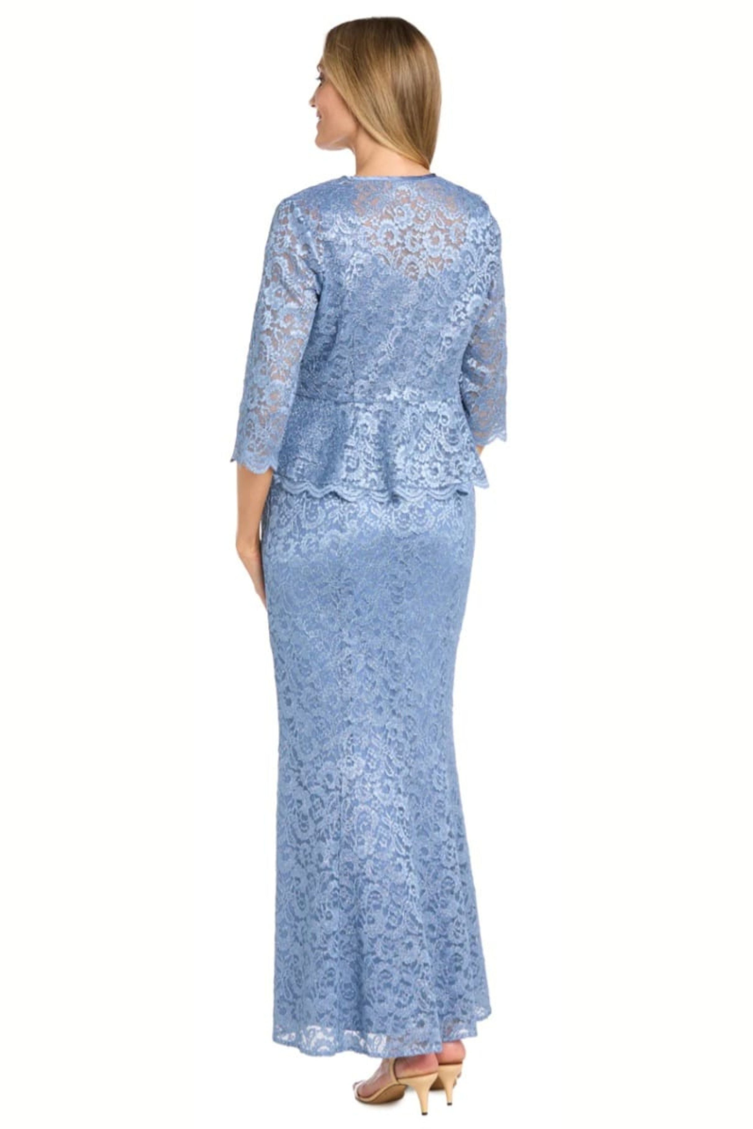2-Pc Metallic Lace Formal Jacket Dress with 3/4 Sleeve, Scoop Neck, and Rhinestone Detail by R&M Richards 1985