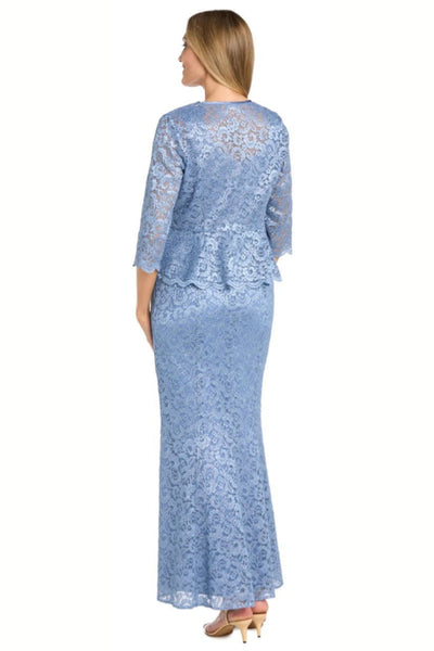 2-Pc Metallic Lace Formal Jacket Dress with 3/4 Sleeve, Scoop Neck, and Rhinestone Detail by R&M Richards 1985