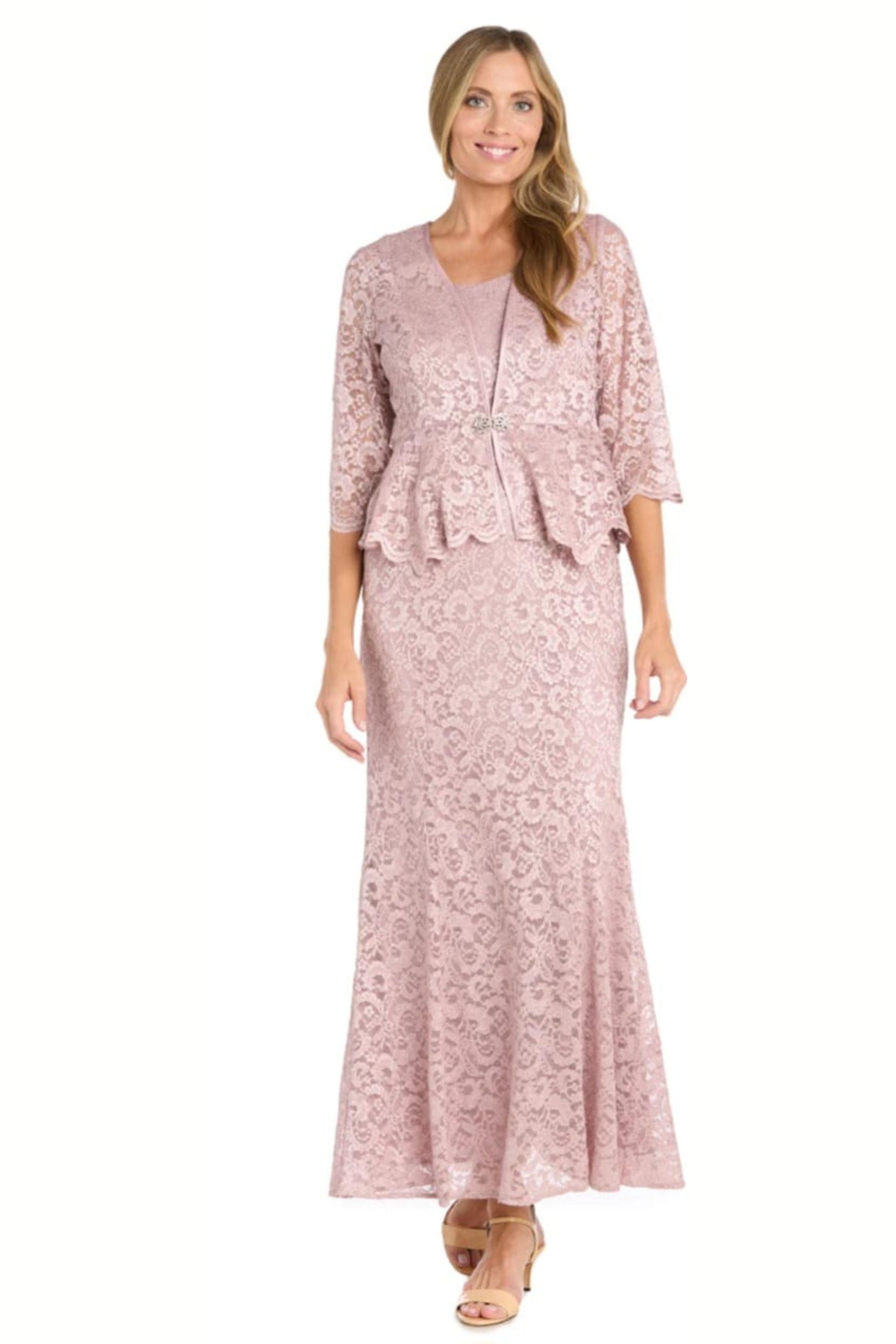 2-Pc Metallic Lace Formal Jacket Dress with 3/4 Sleeve, Scoop Neck, and Rhinestone Detail by R&M Richards 1985