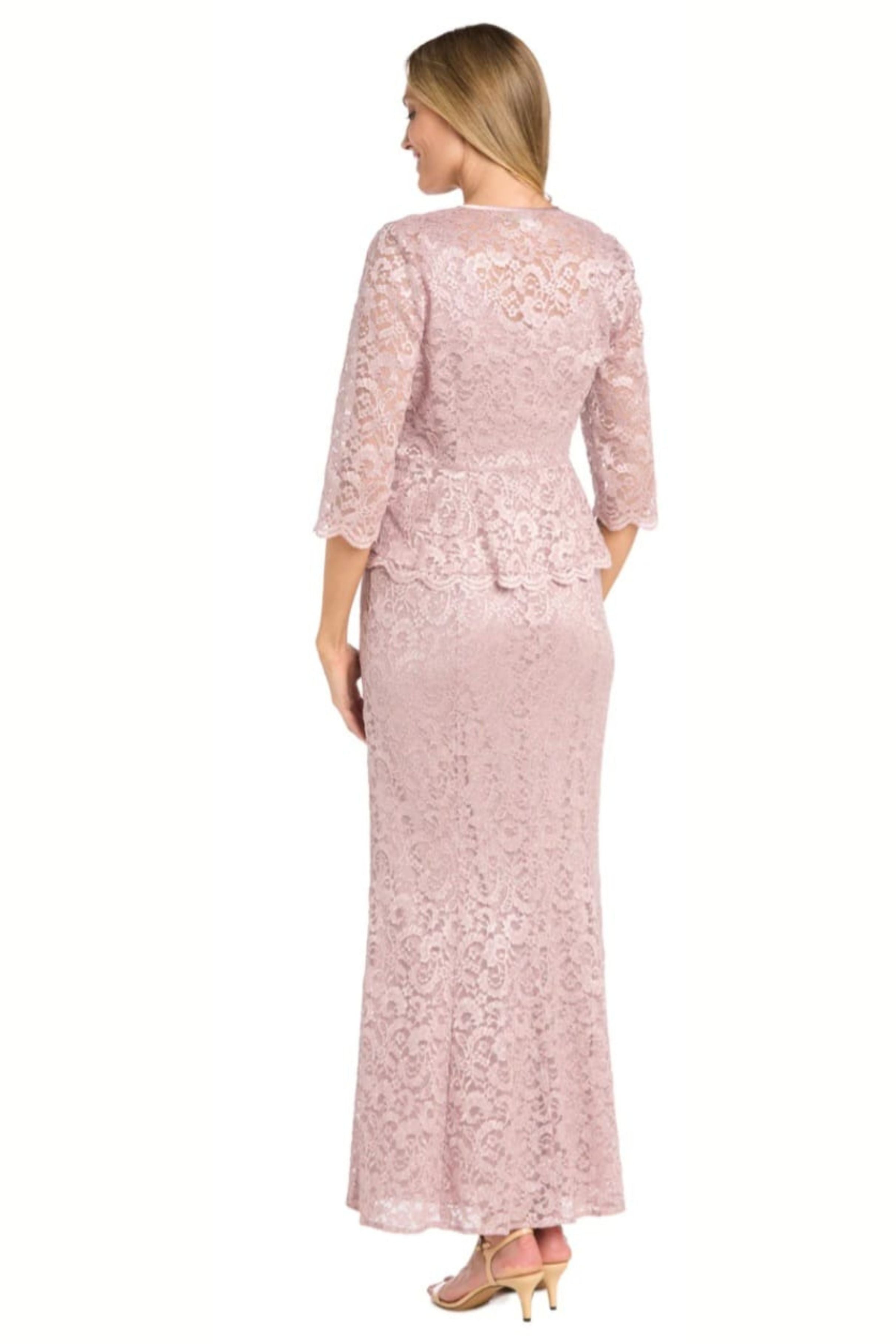 2-Pc Metallic Lace Formal Jacket Dress with 3/4 Sleeve, Scoop Neck, and Rhinestone Detail by R&M Richards 1985