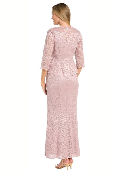 2-Pc Metallic Lace Formal Jacket Dress with 3/4 Sleeve, Scoop Neck, and Rhinestone Detail by R&M Richards 1985