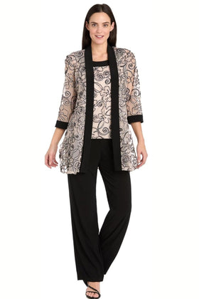 Black Blush Two-Piece Special Occasion Pant Set with 3/4 Sleeve, Embroidered Detail, and Lace Detail by R&M Richards 3352