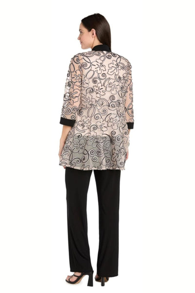 Black Blush Two-Piece Special Occasion Pant Set with 3/4 Sleeve, Embroidered Detail, and Lace Detail by R&M Richards 3352