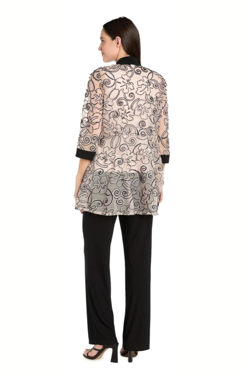Black Blush Two-Piece Special Occasion Pant Set with 3/4 Sleeve, Embroidered Detail, and Lace Detail by R&M Richards 3352