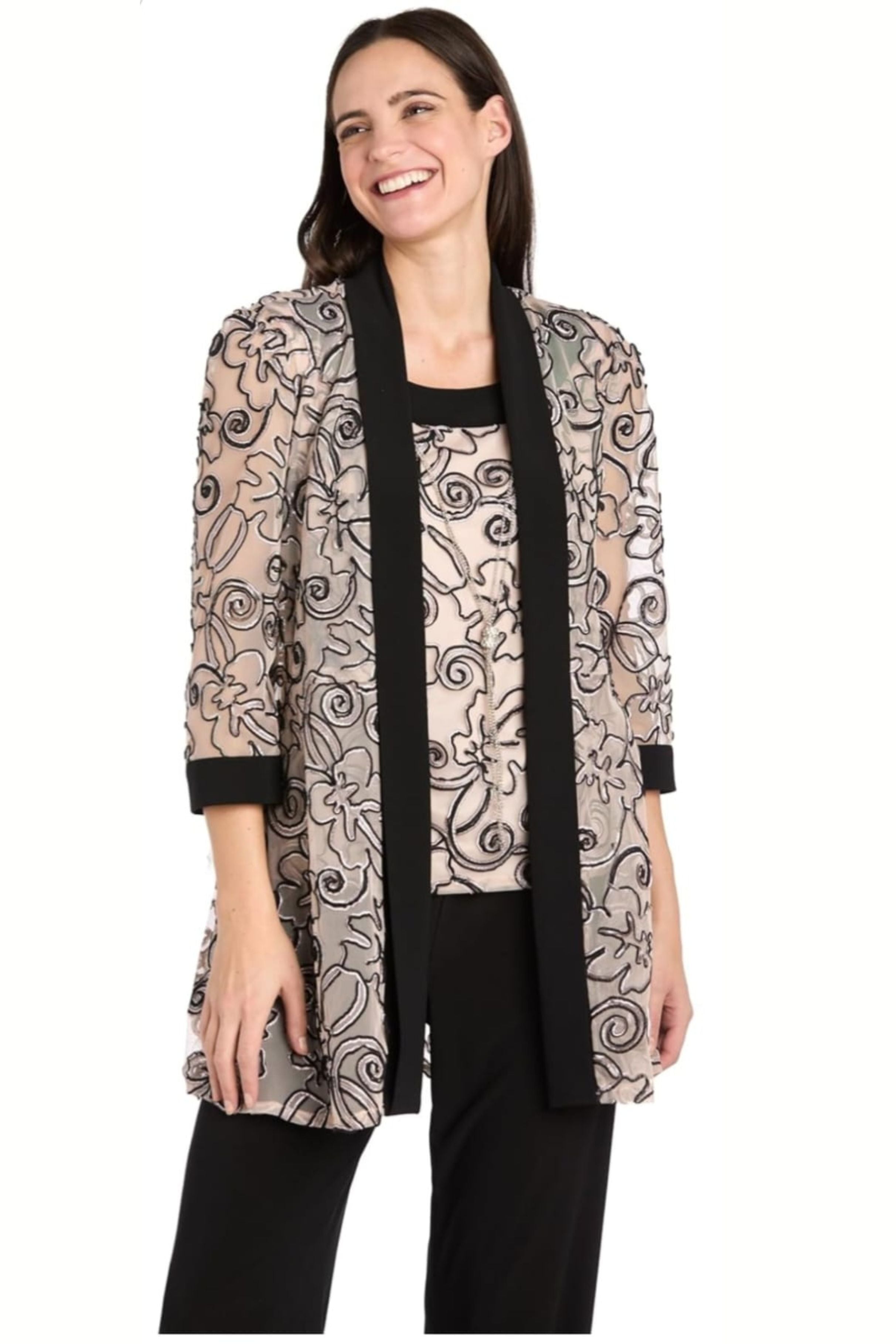 Black Blush Two-Piece Special Occasion Pant Set with 3/4 Sleeve, Embroidered Detail, and Lace Detail by R&M Richards 3352