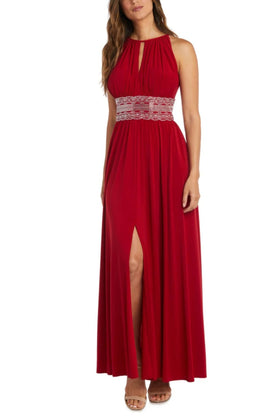Red Empire Beaded Long Evening Gown with Slit Detail by R&M Richards 3578