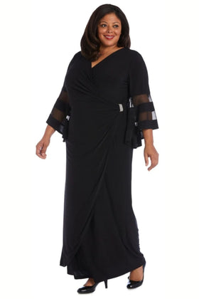 Sheer Trim Bell Sleeve Evening Dress with V-Neck and Rhinestone Detail by R&M Richards 3641