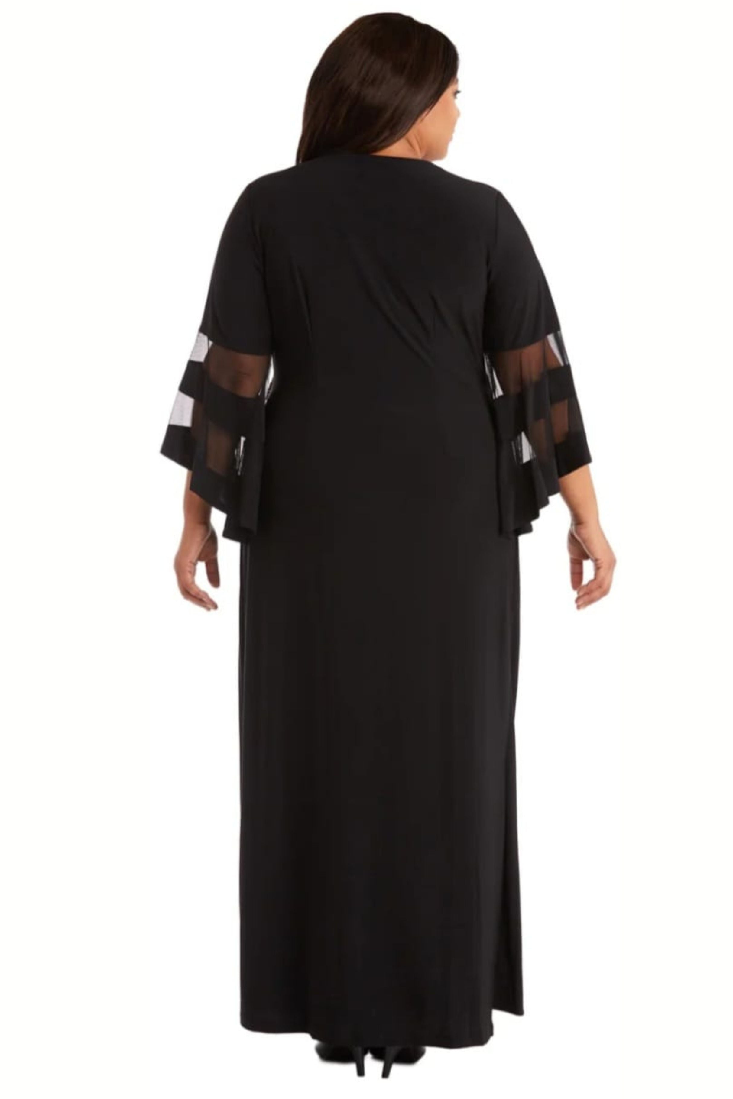 Sheer Trim Bell Sleeve Evening Dress with V-Neck and Rhinestone Detail by R&M Richards 3641