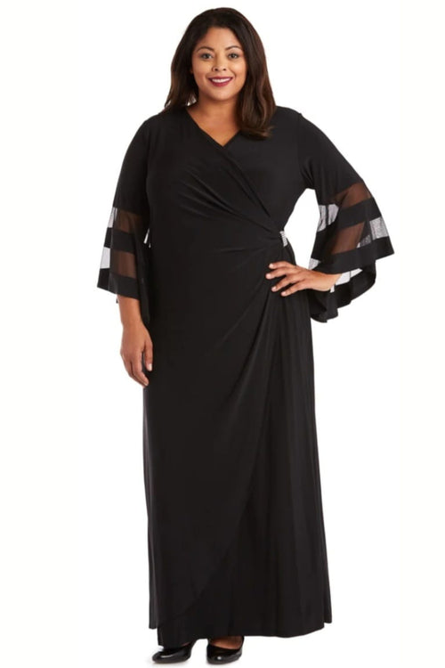 Sheer Trim Bell Sleeve Evening Dress with V-Neck and Rhinestone Detail by R&M Richards 3641