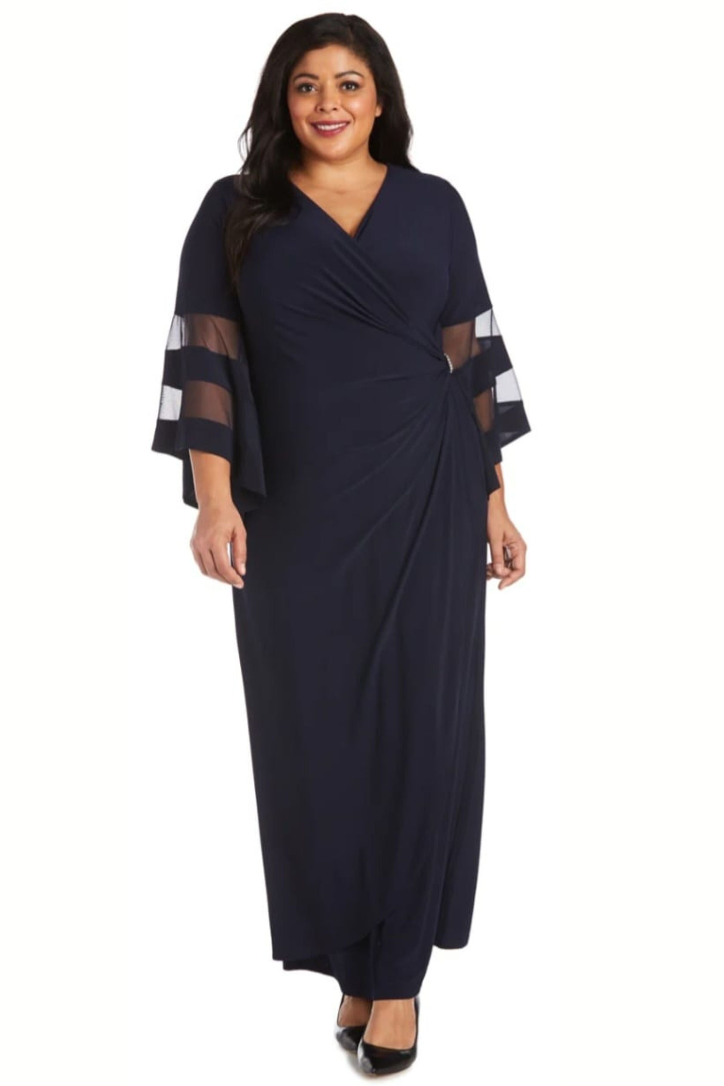 Sheer Trim Bell Sleeve Evening Dress with V-Neck and Rhinestone Detail by R&M Richards 3641