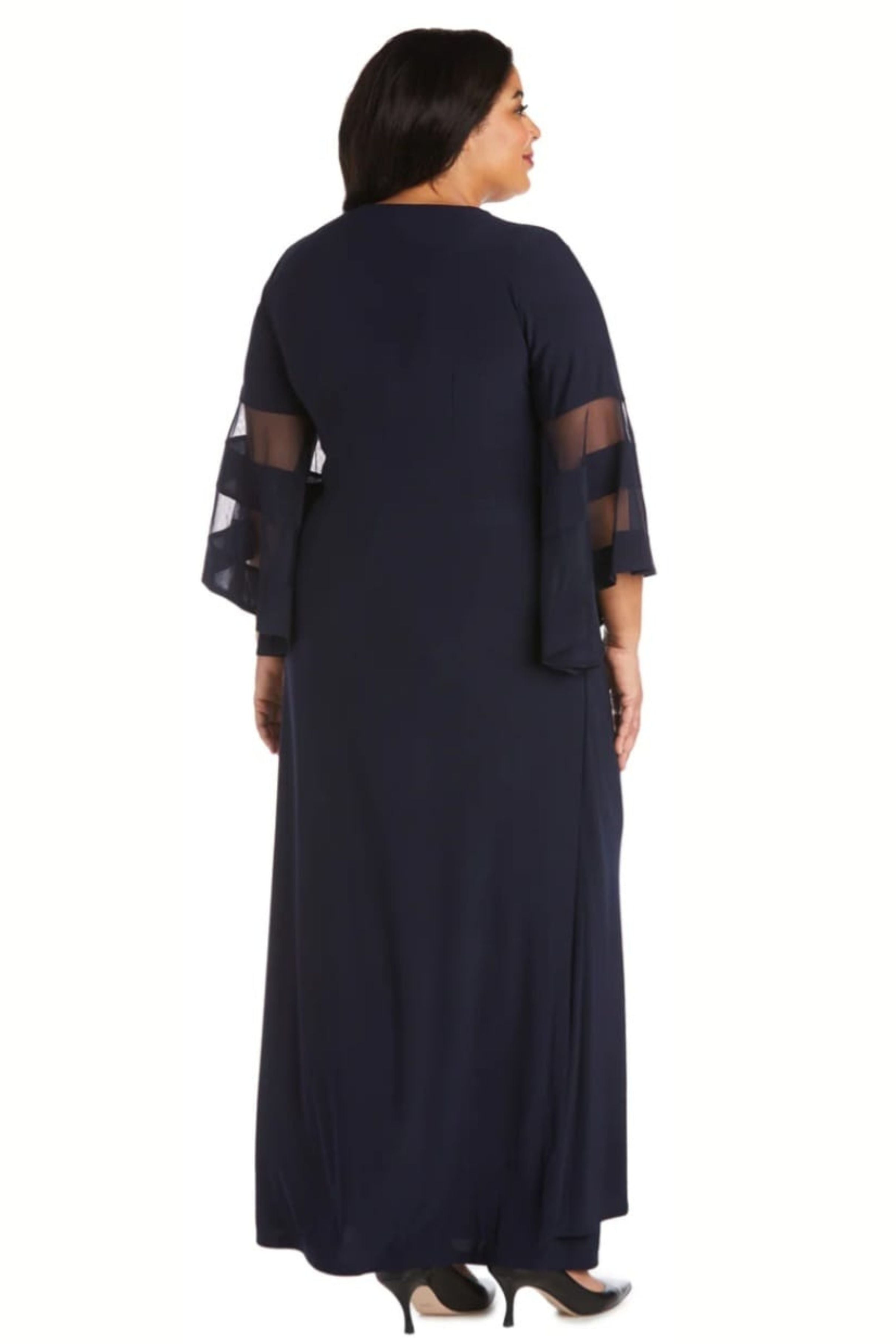 Sheer Trim Bell Sleeve Evening Dress with V-Neck and Rhinestone Detail by R&M Richards 3641