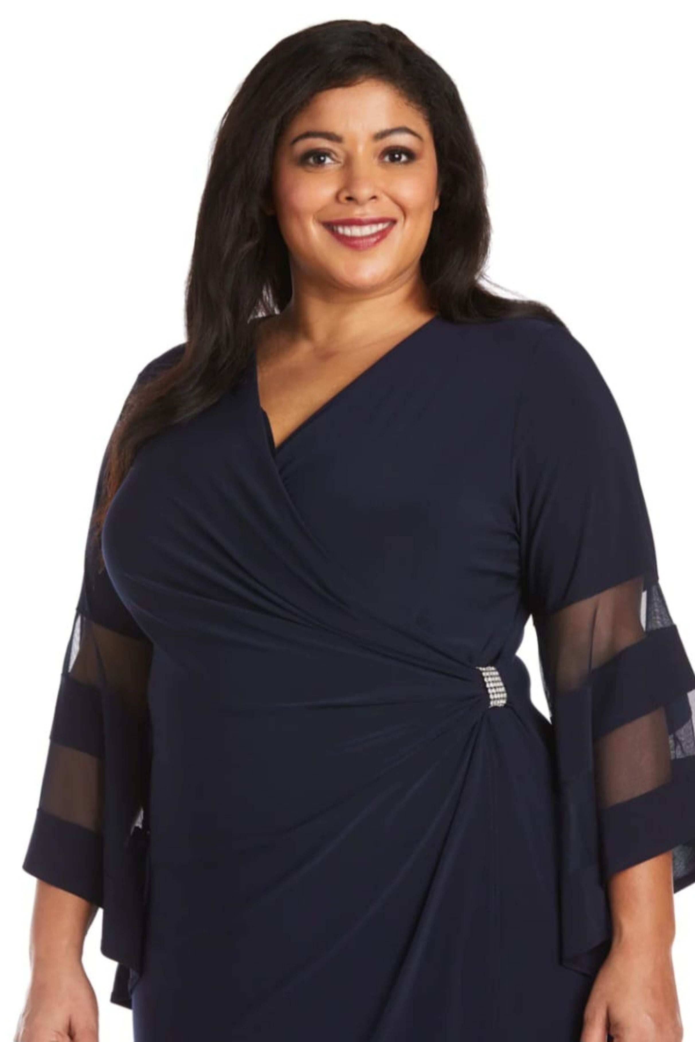 Sheer Trim Bell Sleeve Evening Dress with V-Neck and Rhinestone Detail by R&M Richards 3641