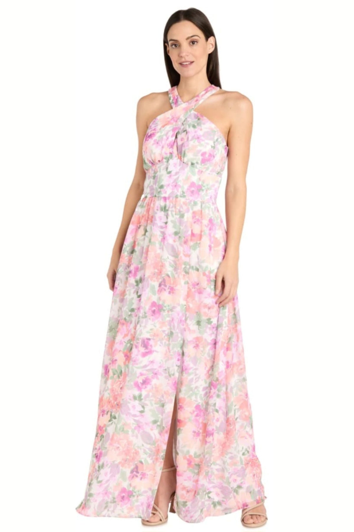 Ivory Blossom Floral High Neck Long Evening Dress with Front Slit and Chiffon by R&M Richards 4031D