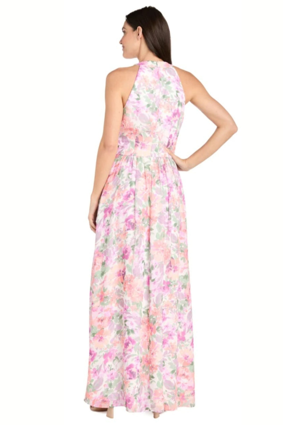 Ivory Blossom Floral High Neck Long Evening Dress with Front Slit and Chiffon by R&M Richards 4031D