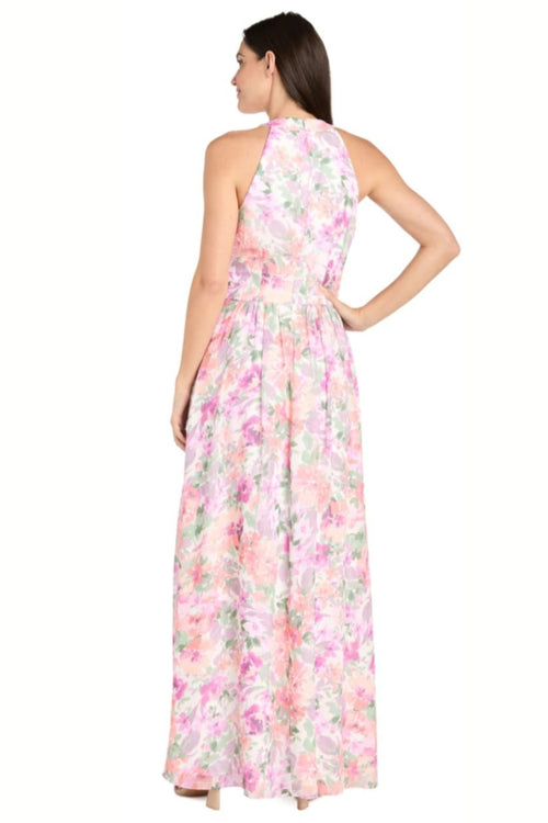 Ivory Blossom Floral High Neck Long Evening Dress with Front Slit and Chiffon by R&M Richards 4031D