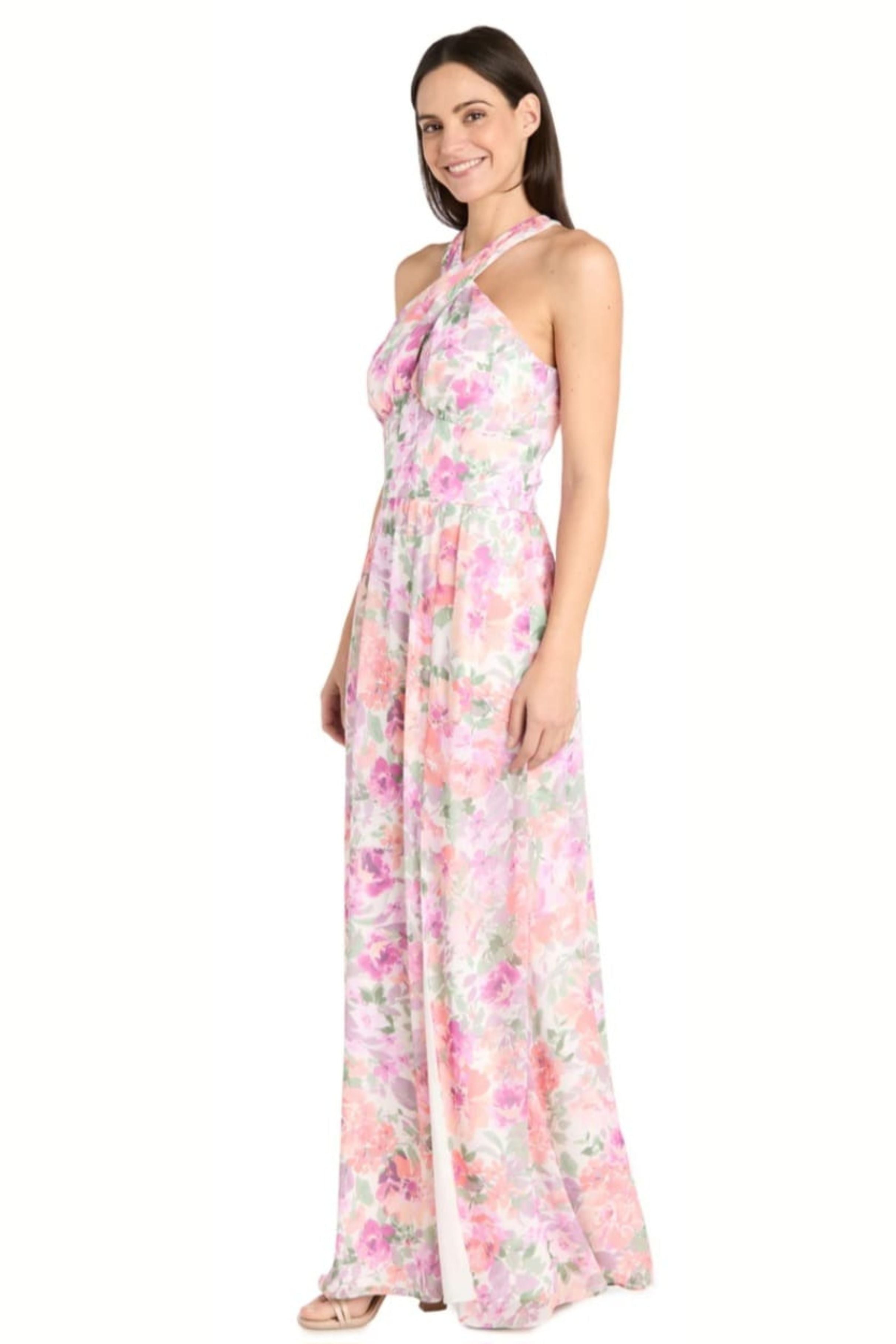Ivory Blossom Floral High Neck Long Evening Dress with Front Slit and Chiffon by R&M Richards 4031D