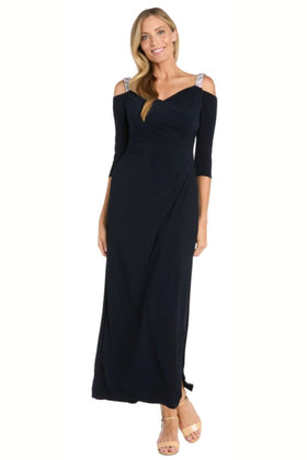 Navy Rhinestone Cold Shoulder Long Evening Dress with 3/4 Sleeve and Ruched Detail by R&M Richards 5659