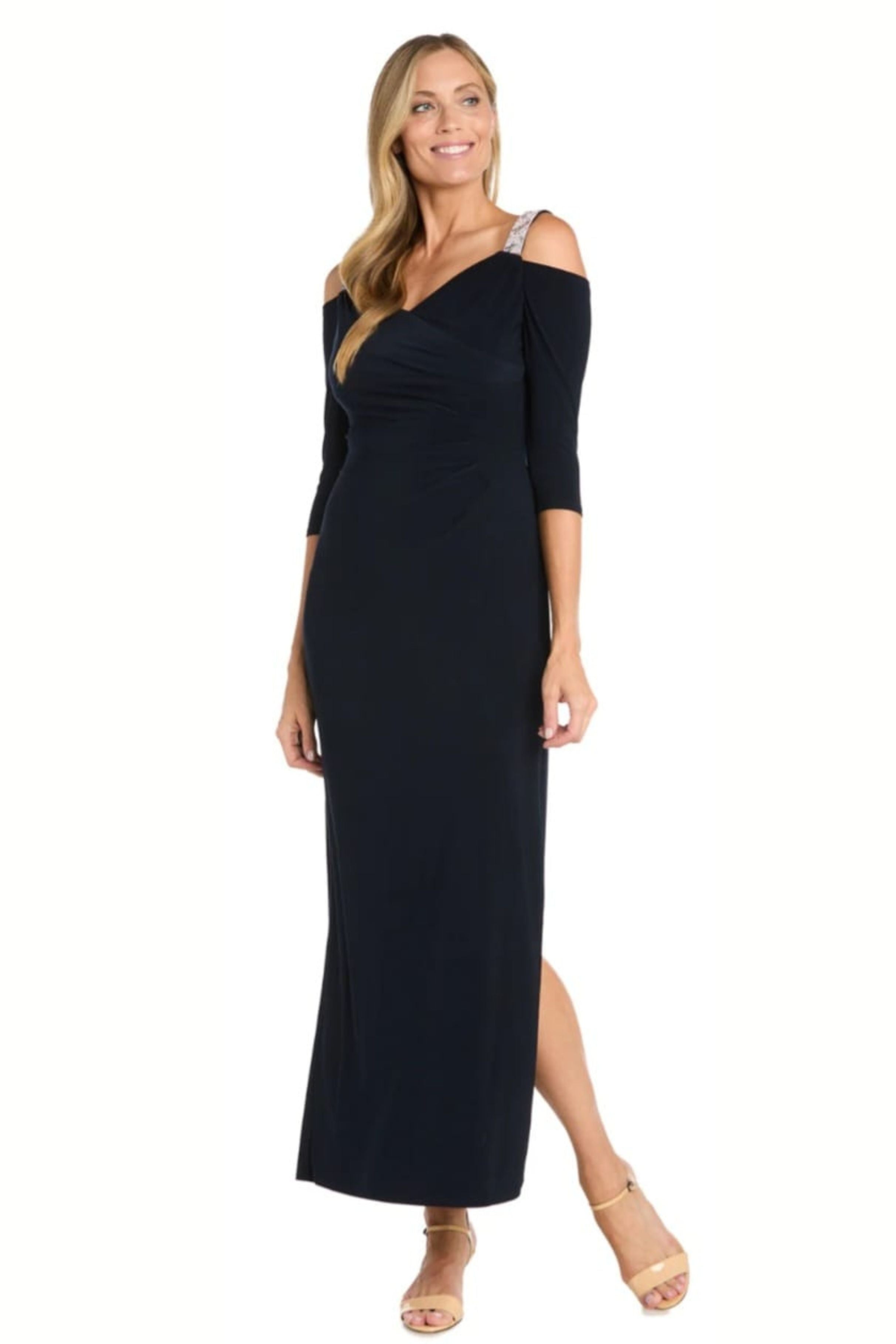 Navy Rhinestone Cold Shoulder Long Evening Dress with 3/4 Sleeve and Ruched Detail by R&M Richards 5659