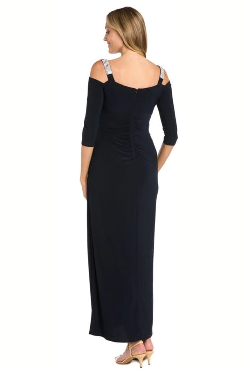 Navy Rhinestone Cold Shoulder Long Evening Dress with 3/4 Sleeve and Ruched Detail by R&M Richards 5659