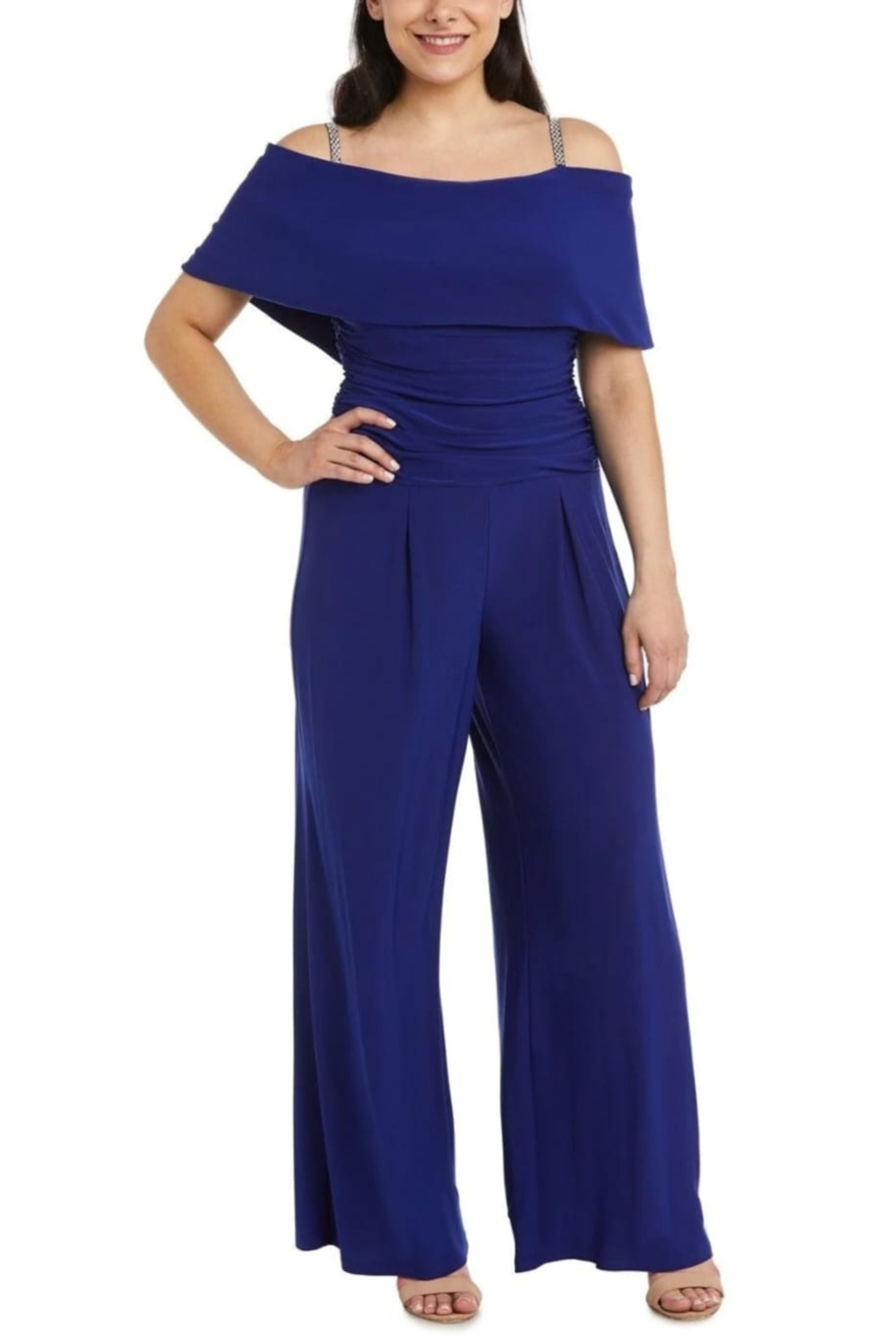 Cold Shoulder Wide Leg Evening Jumpsuit with Off the Shoulder, Rhinestone Detail, and Ruched Detail by R&M Richards 5982