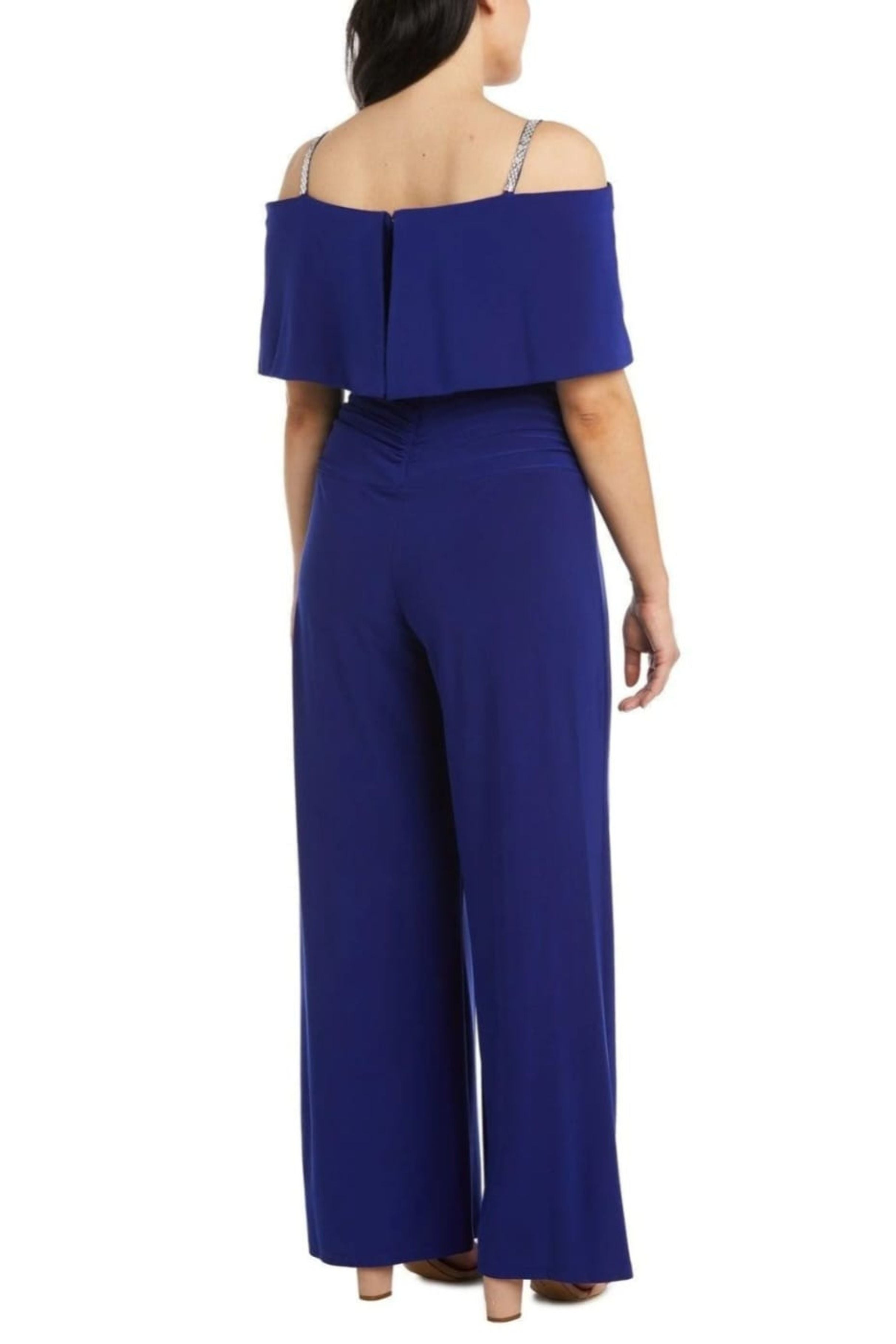 Cold Shoulder Wide Leg Evening Jumpsuit with Off the Shoulder, Rhinestone Detail, and Ruched Detail by R&M Richards 5982