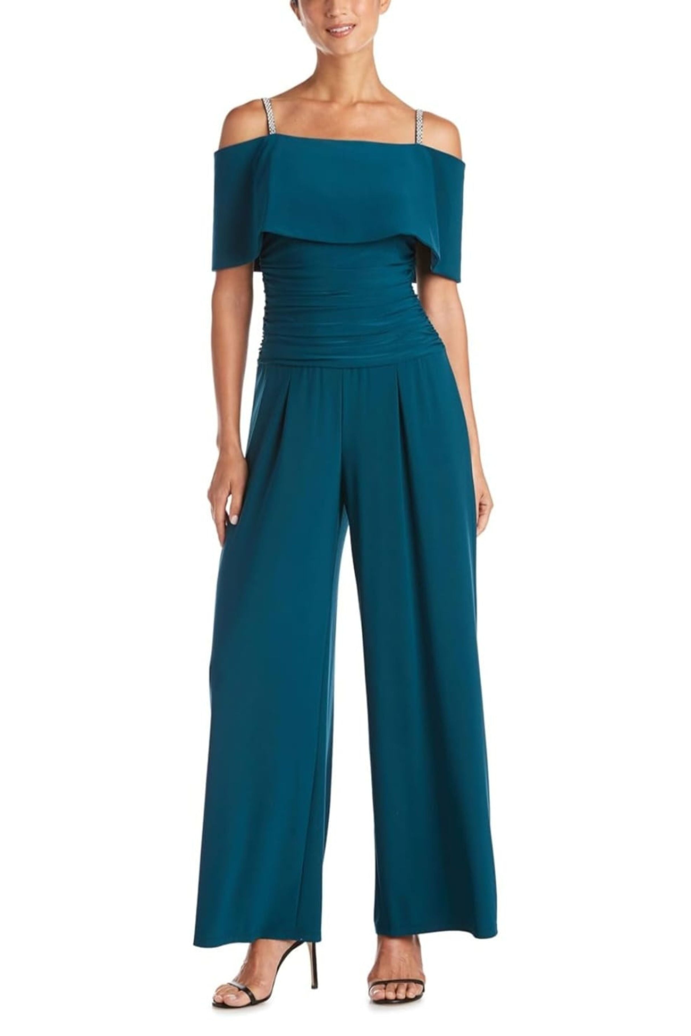 Cold Shoulder Wide Leg Evening Jumpsuit with Off the Shoulder, Rhinestone Detail, and Ruched Detail by R&M Richards 5982