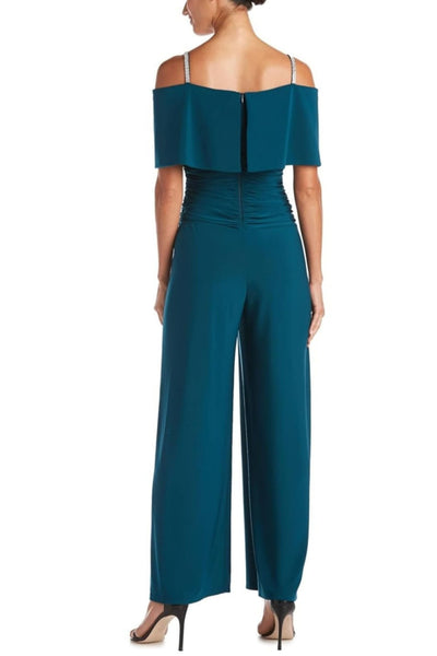 Cold Shoulder Wide Leg Evening Jumpsuit with Off the Shoulder, Rhinestone Detail, and Ruched Detail by R&M Richards 5982