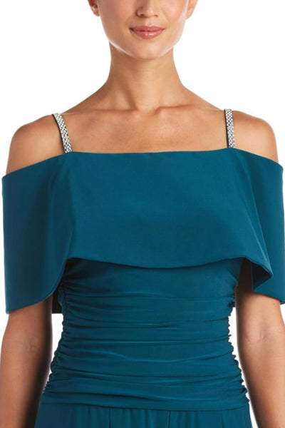 Cold Shoulder Wide Leg Evening Jumpsuit with Off the Shoulder, Rhinestone Detail, and Ruched Detail by R&M Richards 5982
