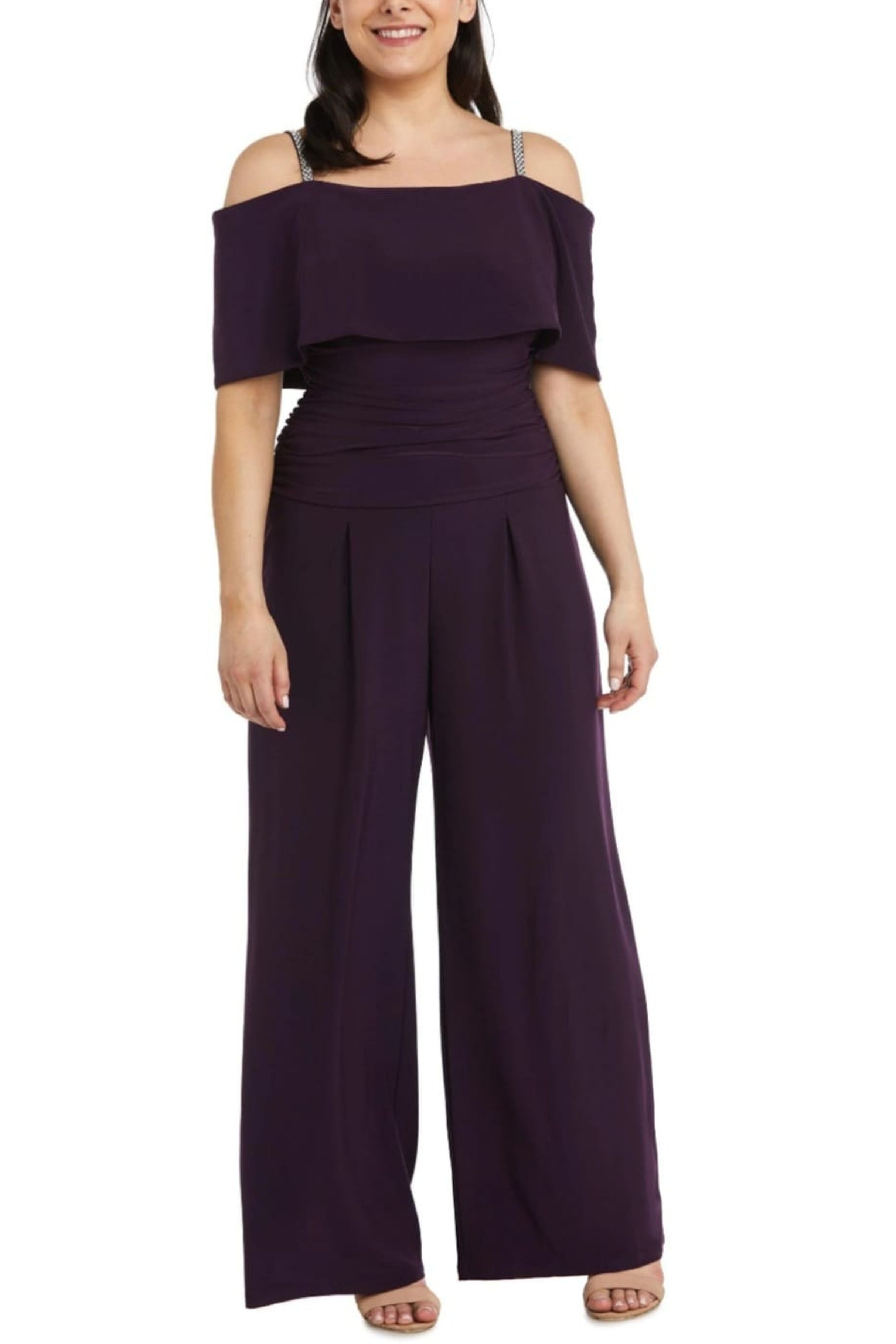 Cold Shoulder Wide Leg Evening Jumpsuit with Off the Shoulder, Rhinestone Detail, and Ruched Detail by R&M Richards 5982