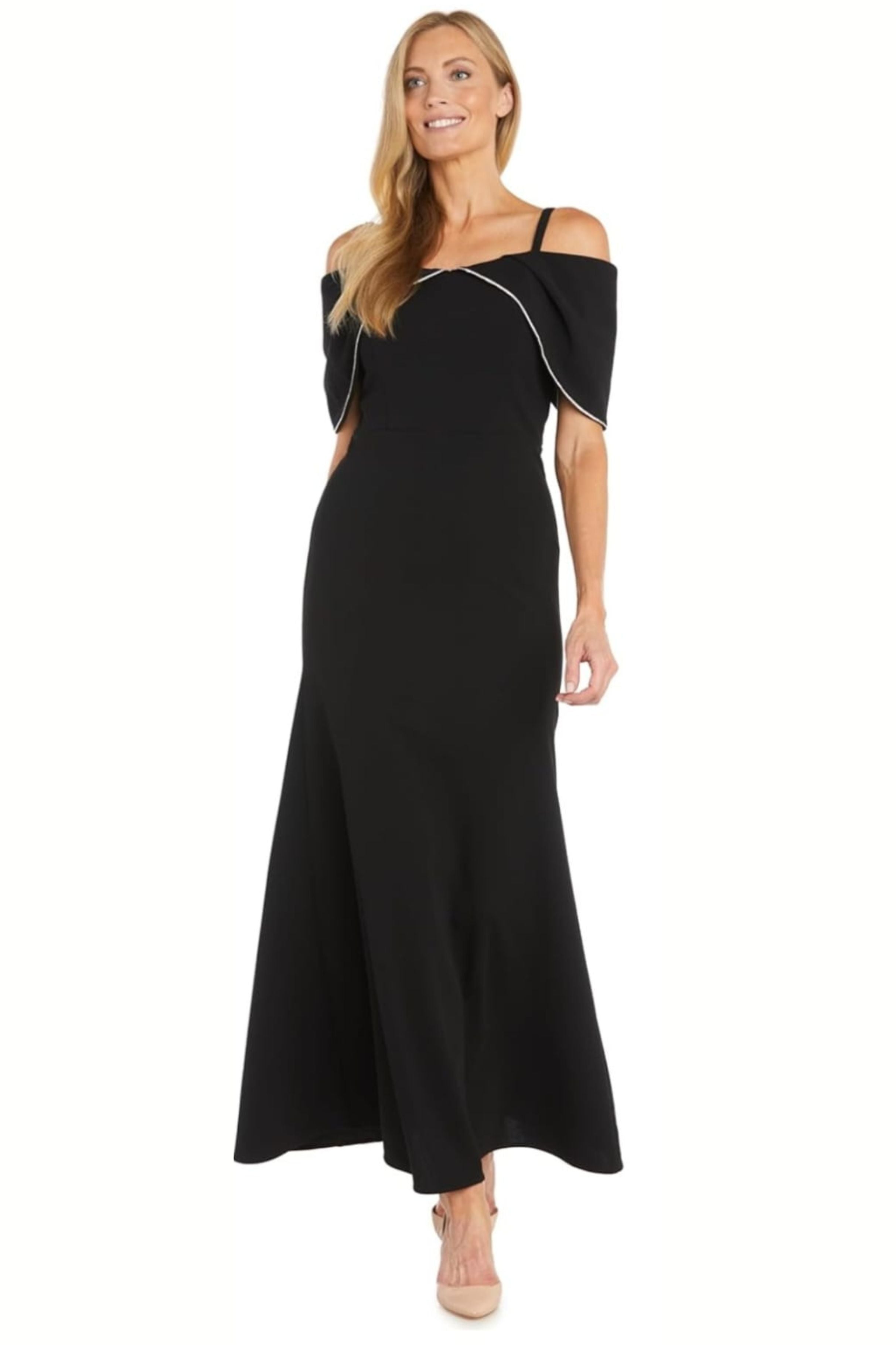 Black Cold Shoulder Strap Evening Gown with Rhinestone Detail by R&M Richards 6633