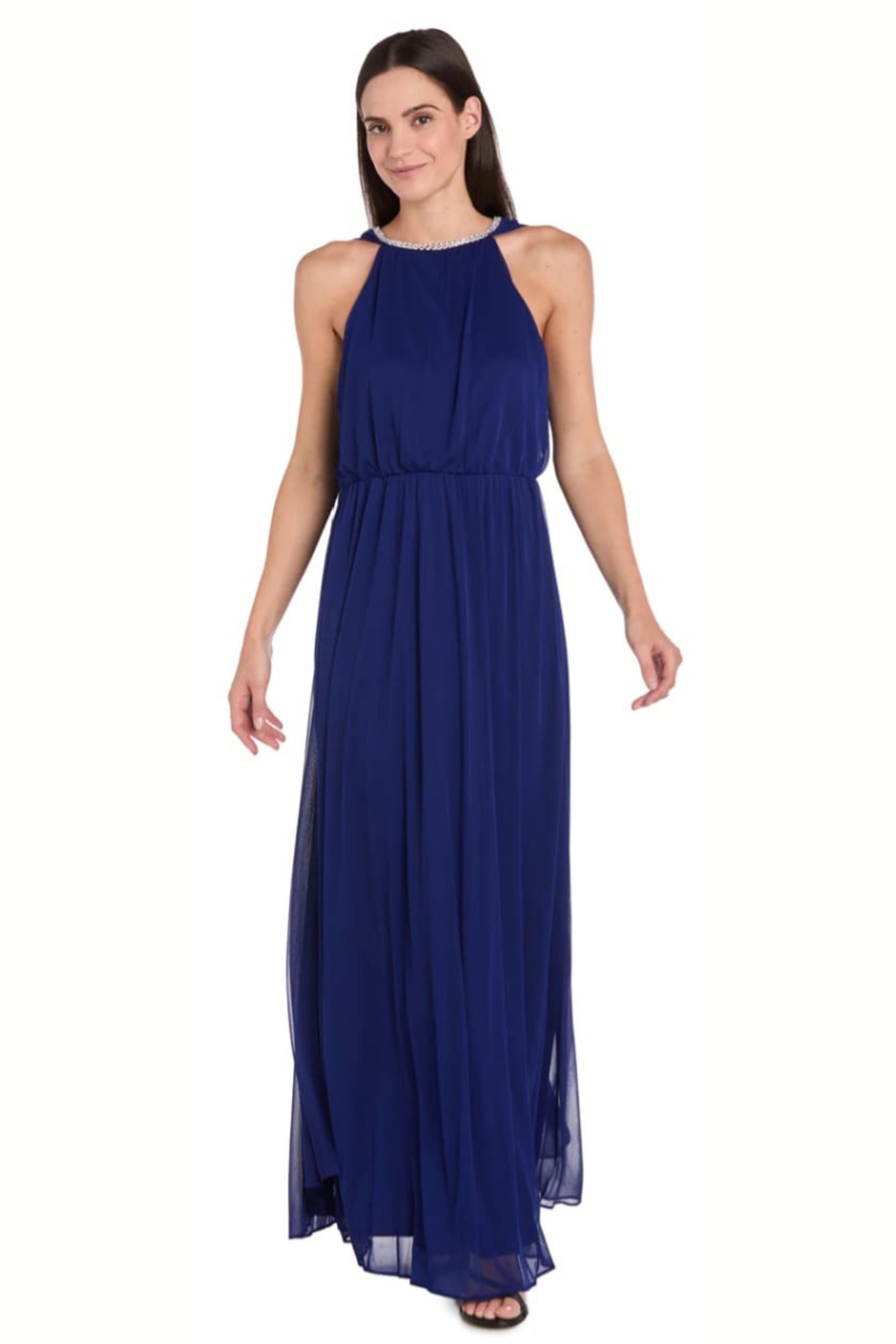 Electric Blue Rhinestone Capelet Long Evening Dress with High Neck by R&M Richards 6635