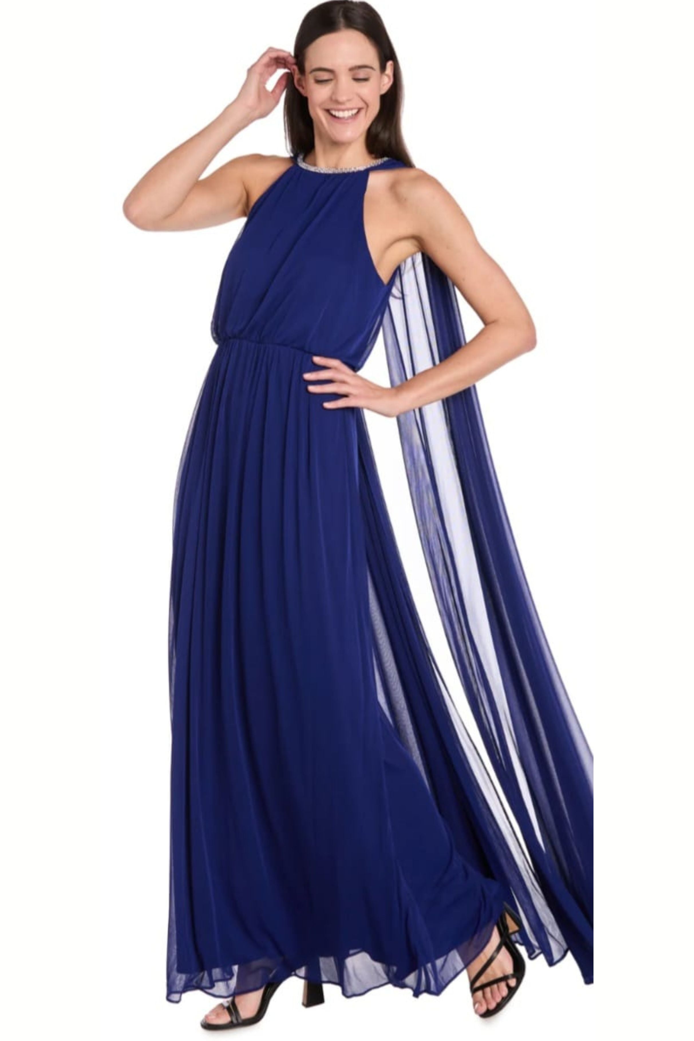 Electric Blue Rhinestone Capelet Long Evening Dress with High Neck by R&M Richards 6635