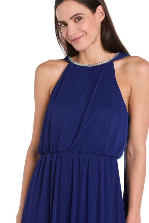Electric Blue Rhinestone Capelet Long Evening Dress with High Neck by R&M Richards 6635