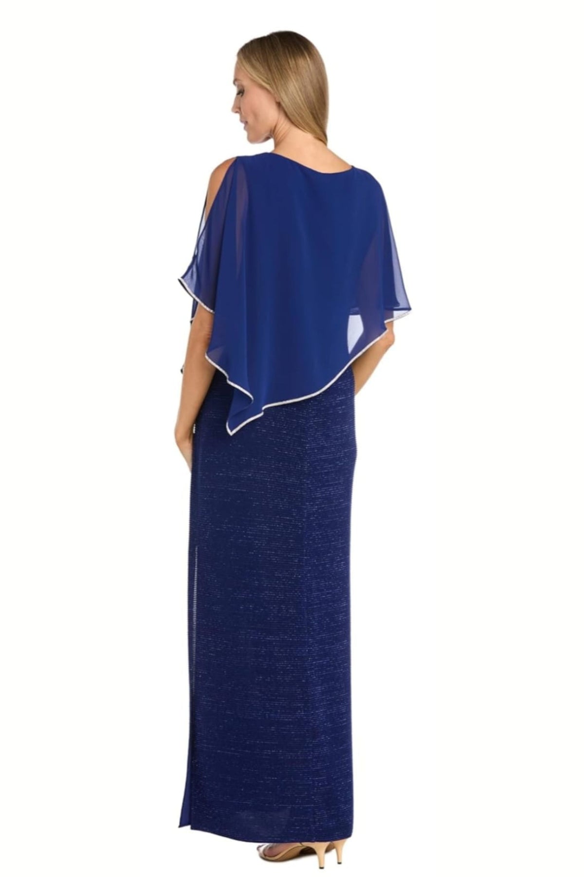 Royal Sheer Cape Long Evening Dress with Sleeveless, Rhinestone Detail, and Sparkle Detail by R&M Richards 7076