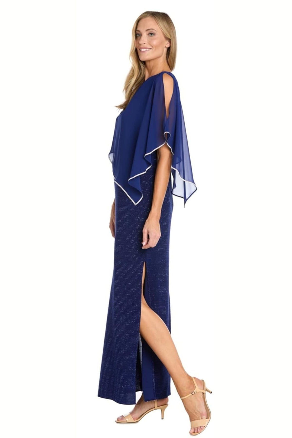 Royal Sheer Cape Long Evening Dress with Sleeveless, Rhinestone Detail, and Sparkle Detail by R&M Richards 7076