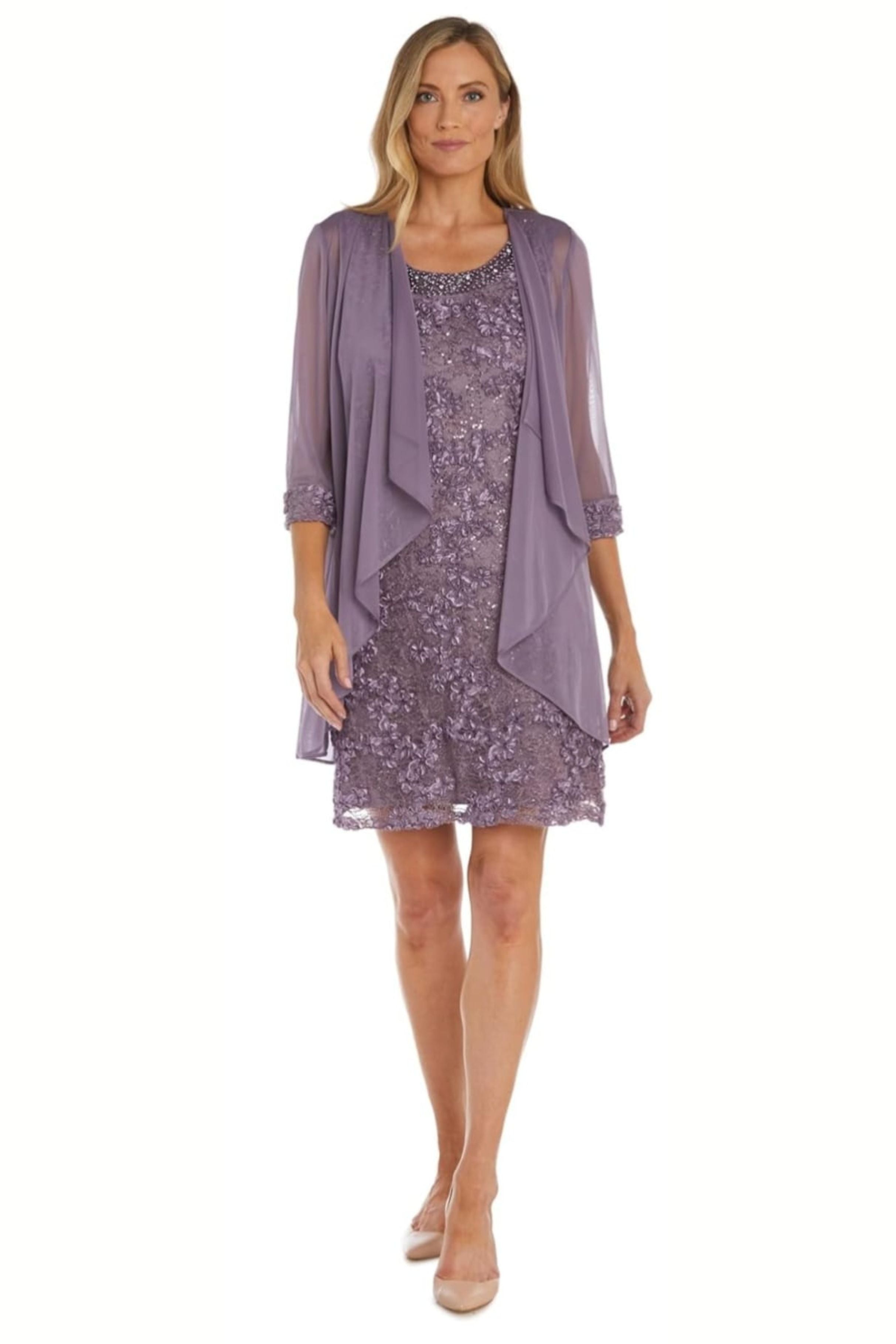 3/4 Sleeve 2-Pc Evening Jacket Dress with Scoop Neck, Sequin Detail, and Beaded Detail by R&M Richards 7078