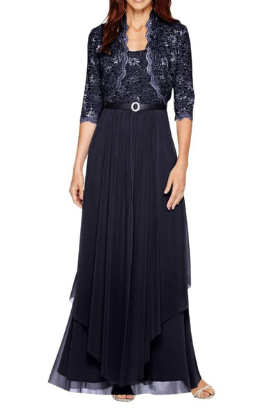 Mother of the Bride Long Formal Dress with 3/4 Sleeve, Jacket Dress, and Lace Detail by R&M Richards 7300