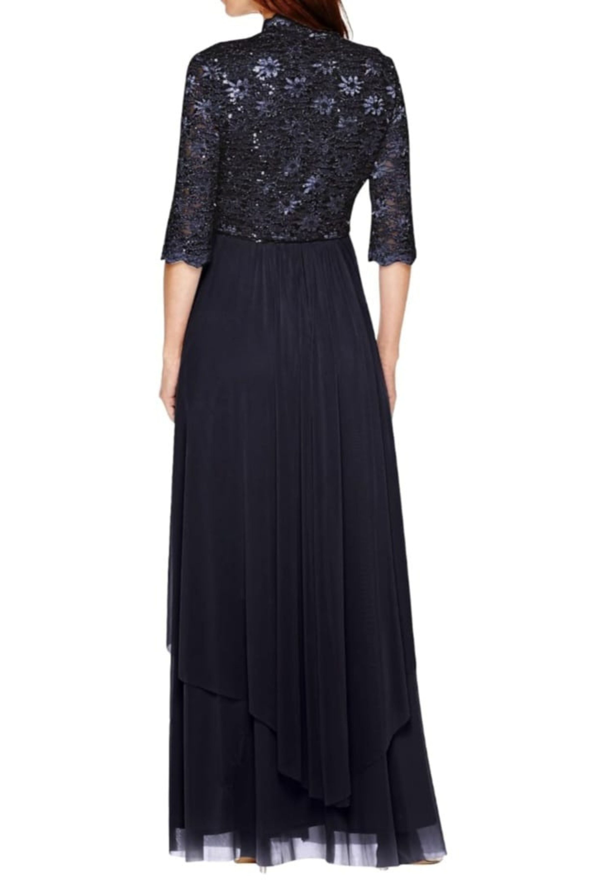 Mother of the Bride Long Formal Dress with 3/4 Sleeve, Jacket Dress, and Lace Detail by R&M Richards 7300
