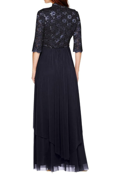 Mother of the Bride Long Formal Dress with 3/4 Sleeve, Jacket Dress, and Lace Detail by R&M Richards 7300